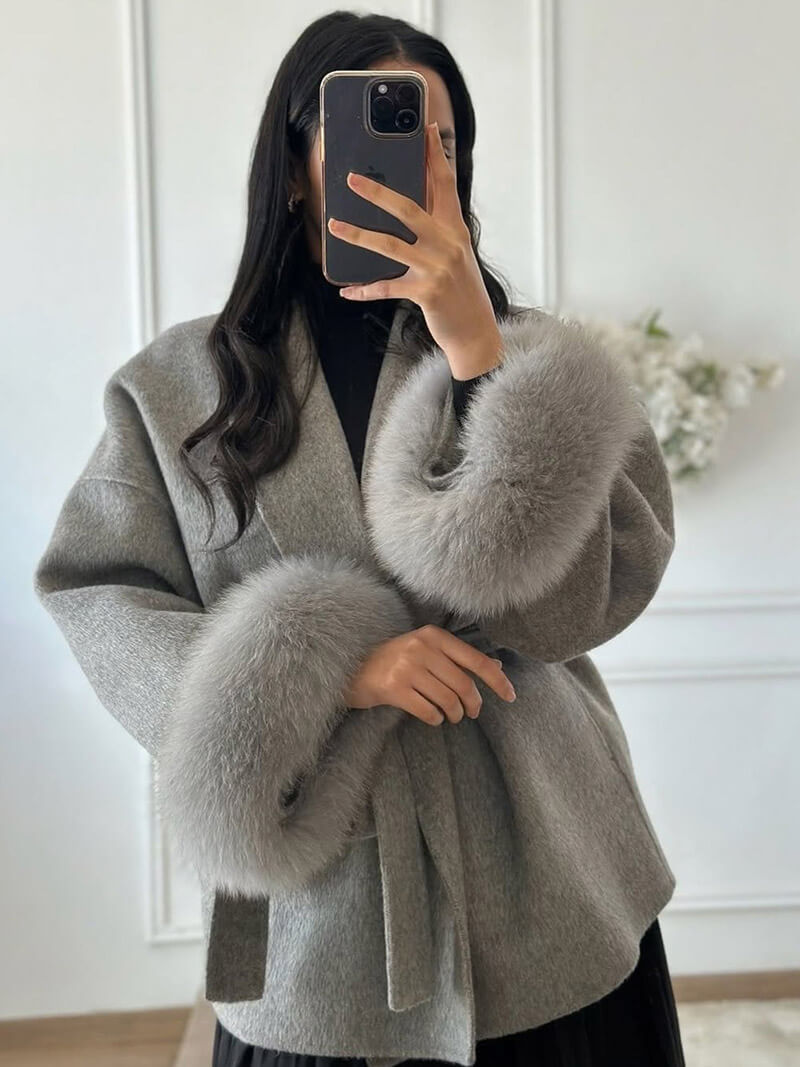Diana Tricot Faux Fur Cuff Belted Wool Coat in Light Gray - lifestyle
