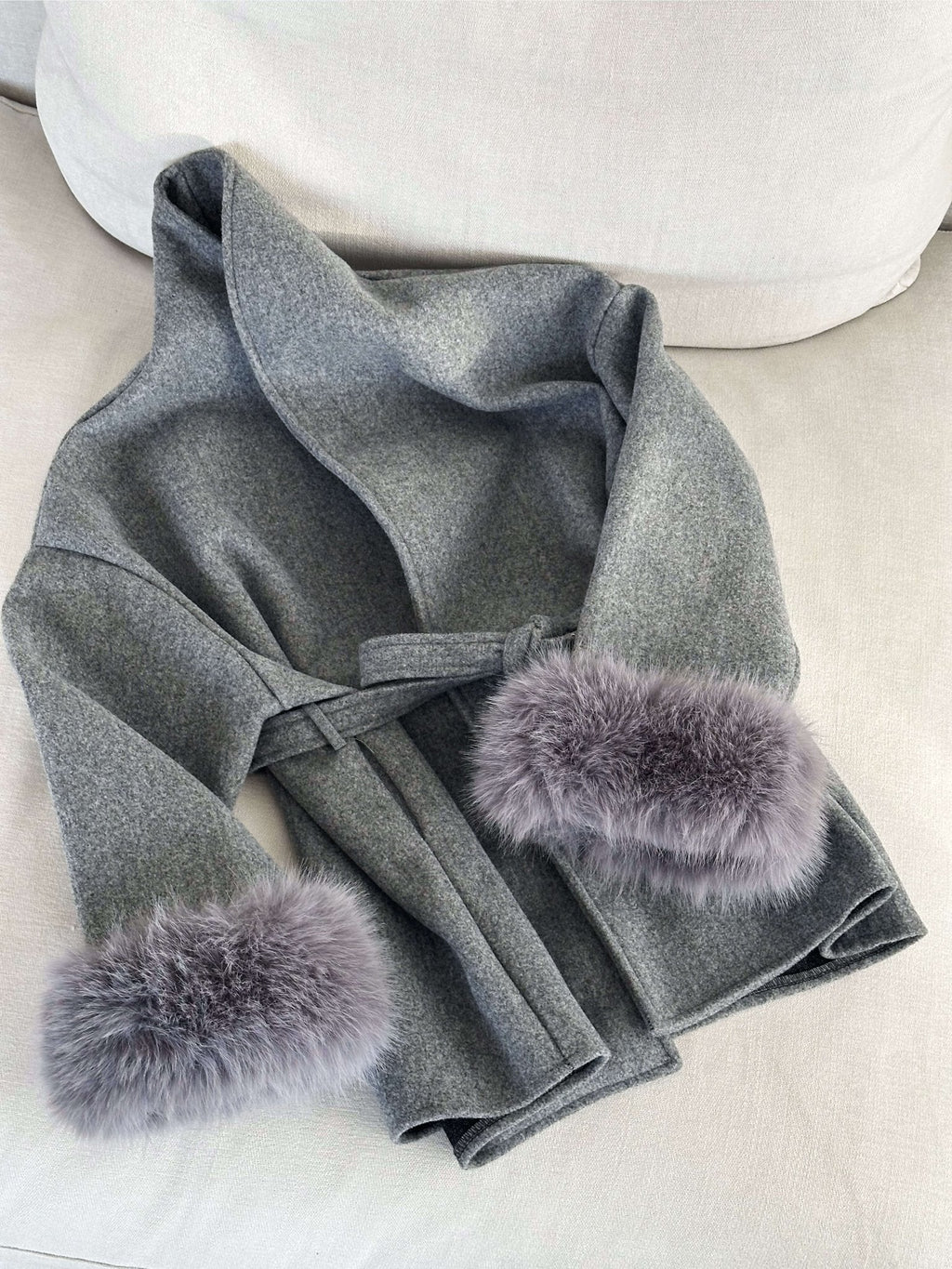 Diana Tricot Faux Fur Cuff Belted Wool Coat - faux fur cuff detail