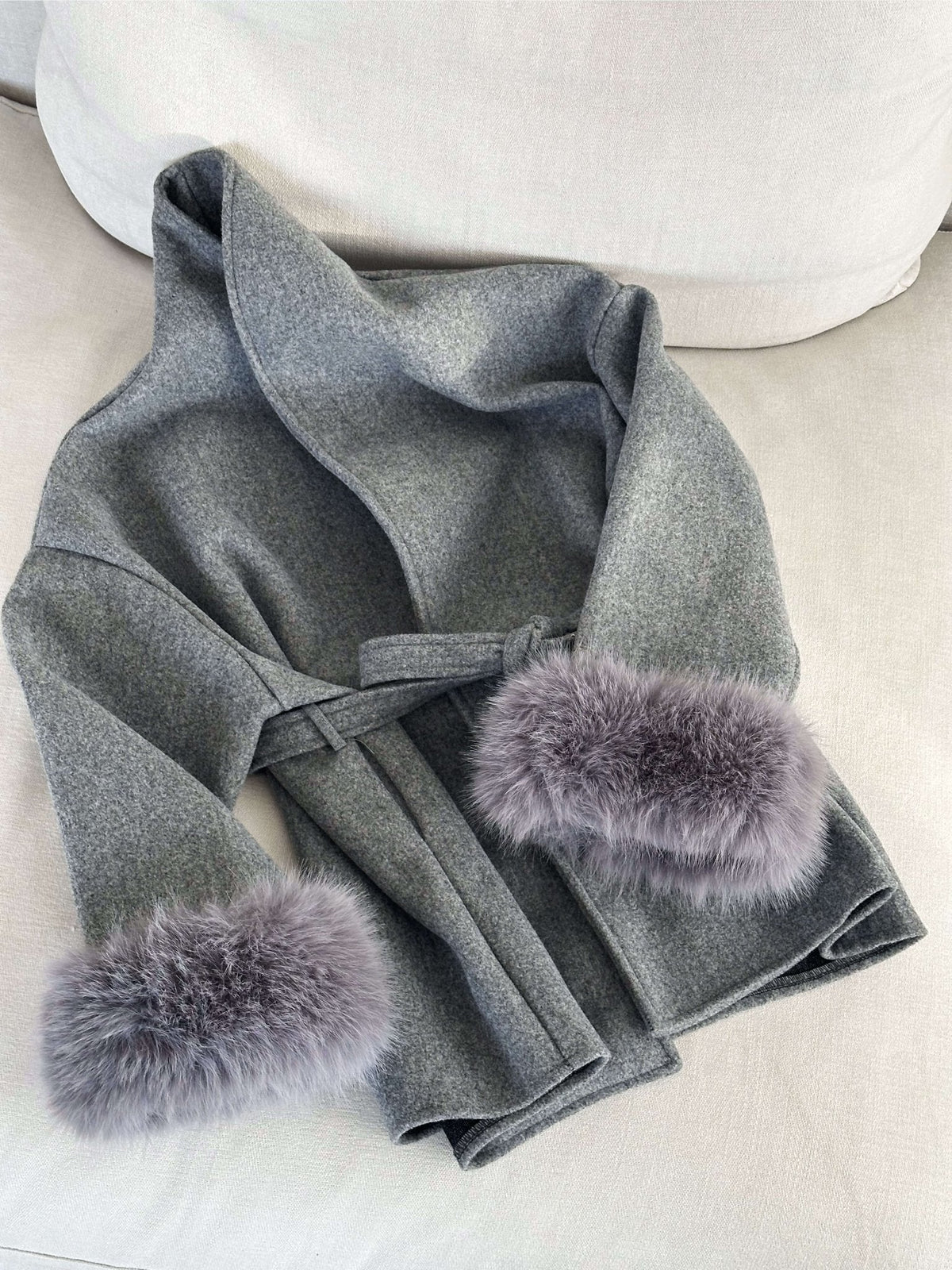 Diana Tricot Faux Fur Cuff Belted Wool Coat - faux fur cuff detail