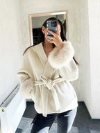 Diana Tricot Faux Fur Cuff Belted Wool Coat in Khaki - lifestyle