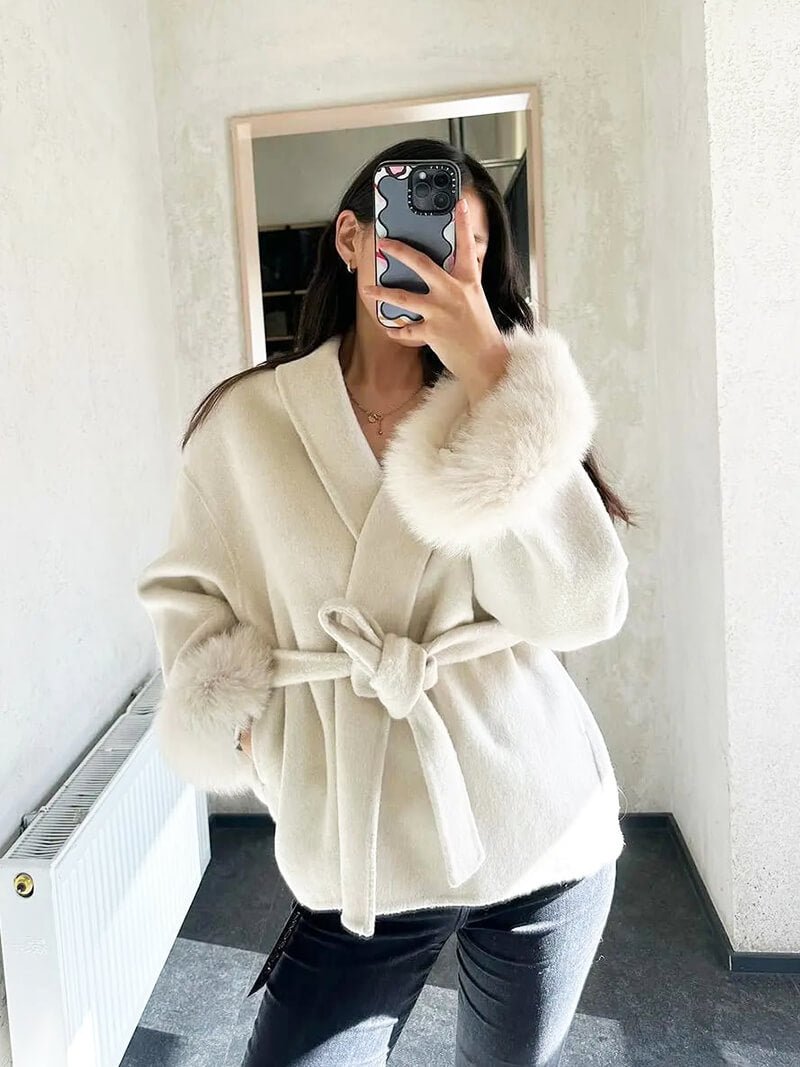 Diana Tricot Faux Fur Cuff Belted Wool Coat in Khaki - lifestyle