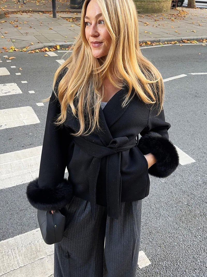 Diana Tricot Faux Fur Cuff Belted Wool Coat in Black