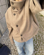 Diana Tricot Stand Collar Cropped Wool Jacket in Light Khaki - street