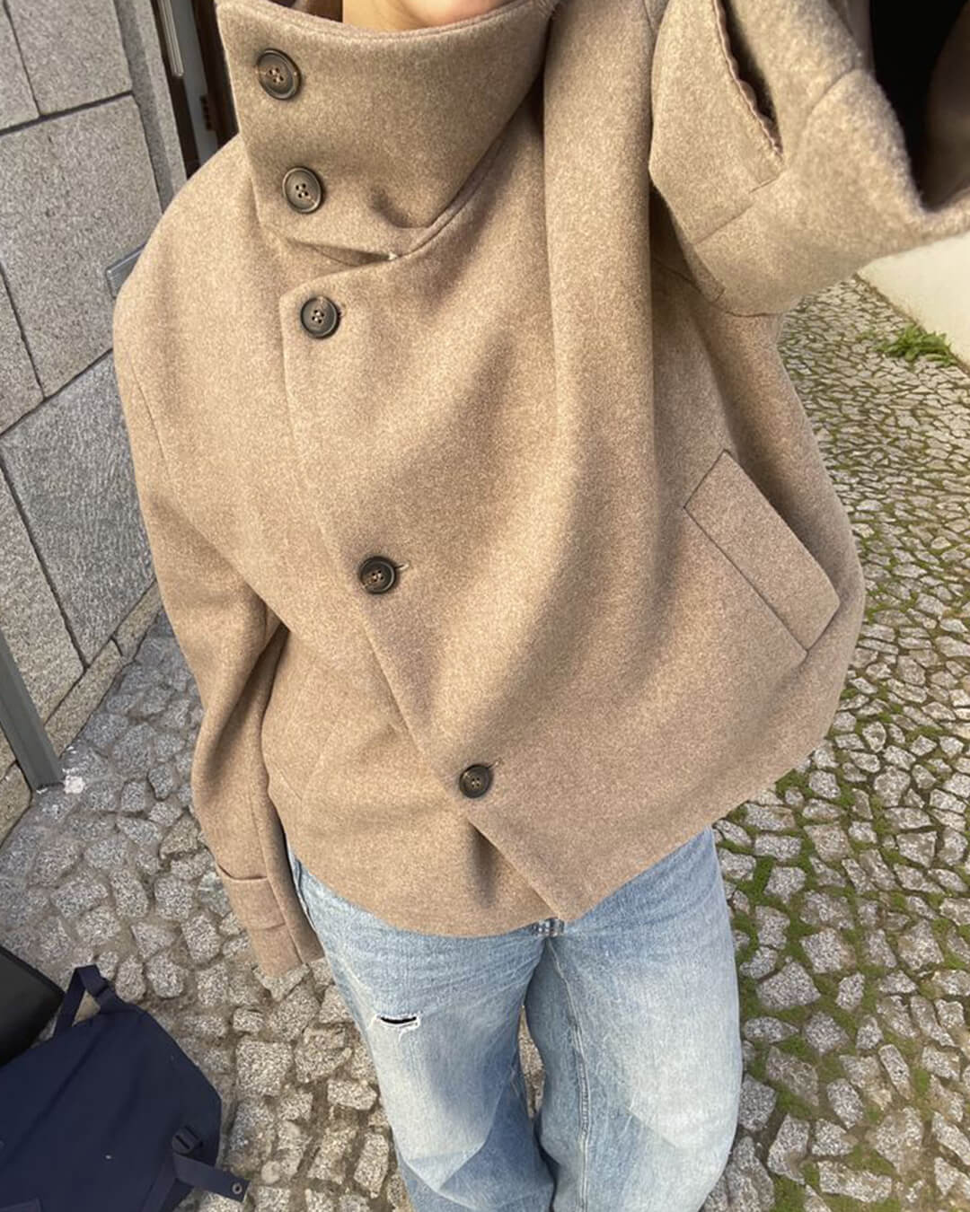 Diana Tricot Stand Collar Cropped Wool Jacket in Light Khaki - street