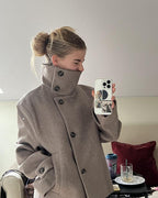Diana Tricot Stand Collar Cropped Wool Jacket in Light Khaki - mirror