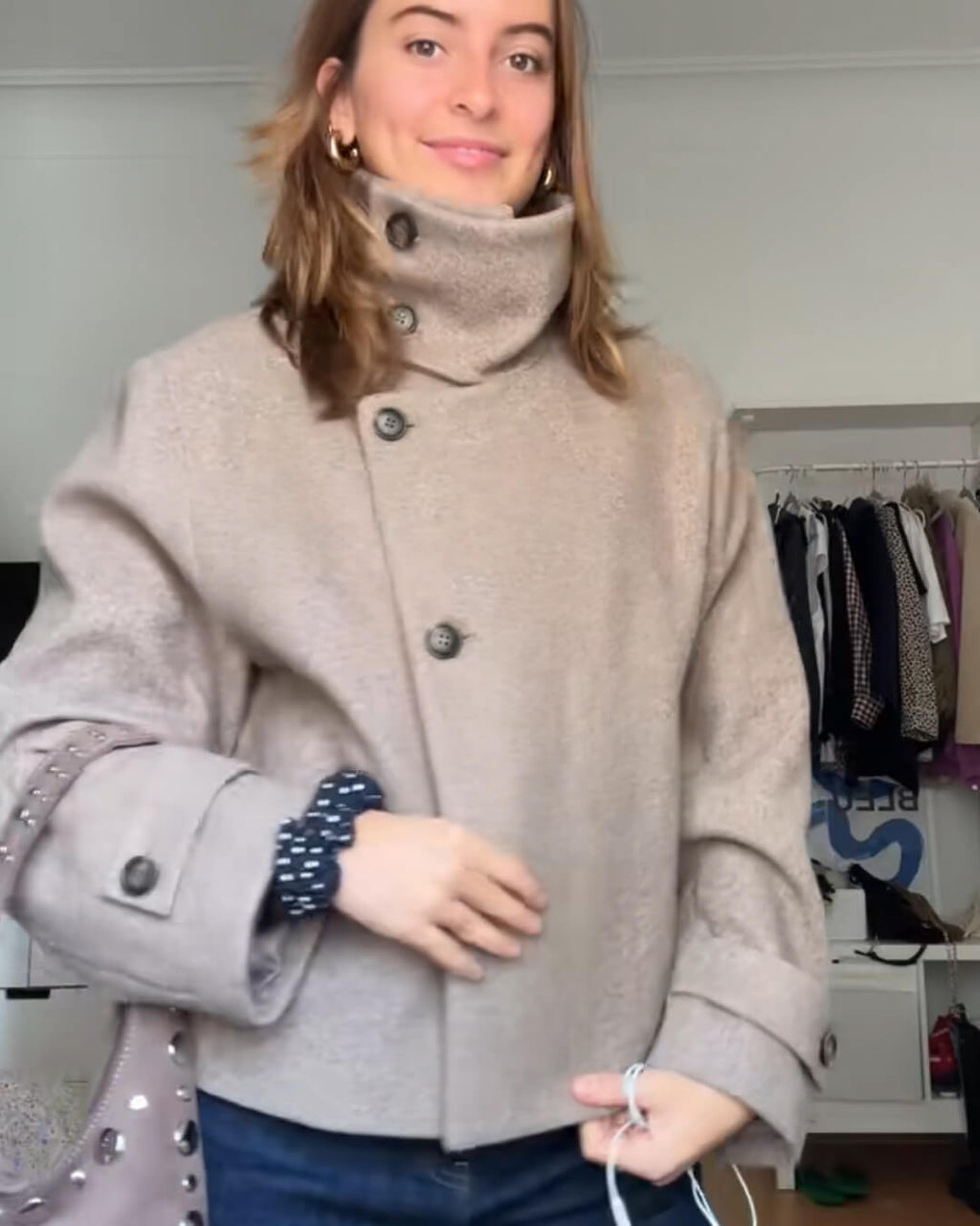 Diana Tricot Stand Collar Cropped Wool Jacket in Light Khaki - lifestyle