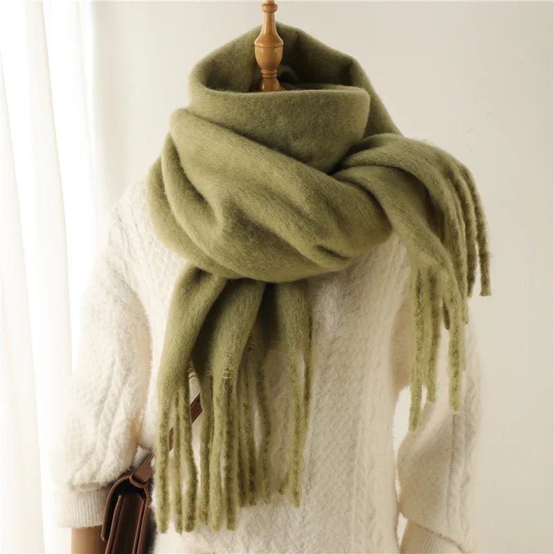 Céleste Tasseled Winter Scarf - Olive Green