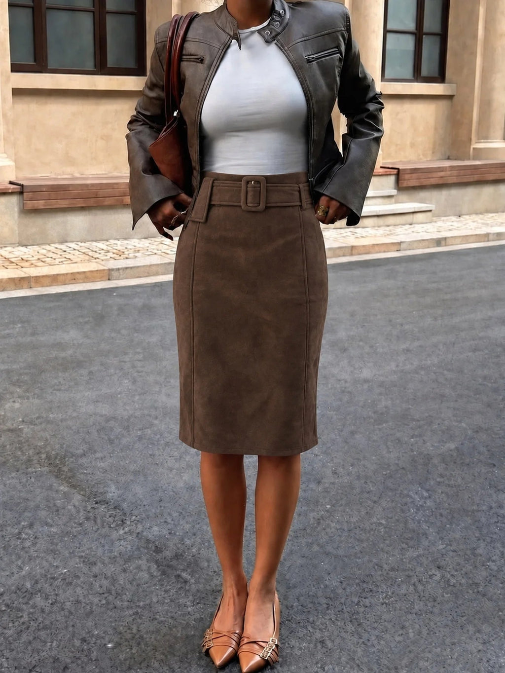 Banbury Belted Faux Suede Midi Skirt in brown