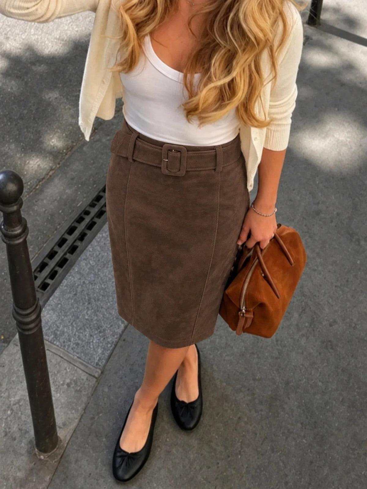 Banbury Belted Faux Suede Midi Skirt with cream top
