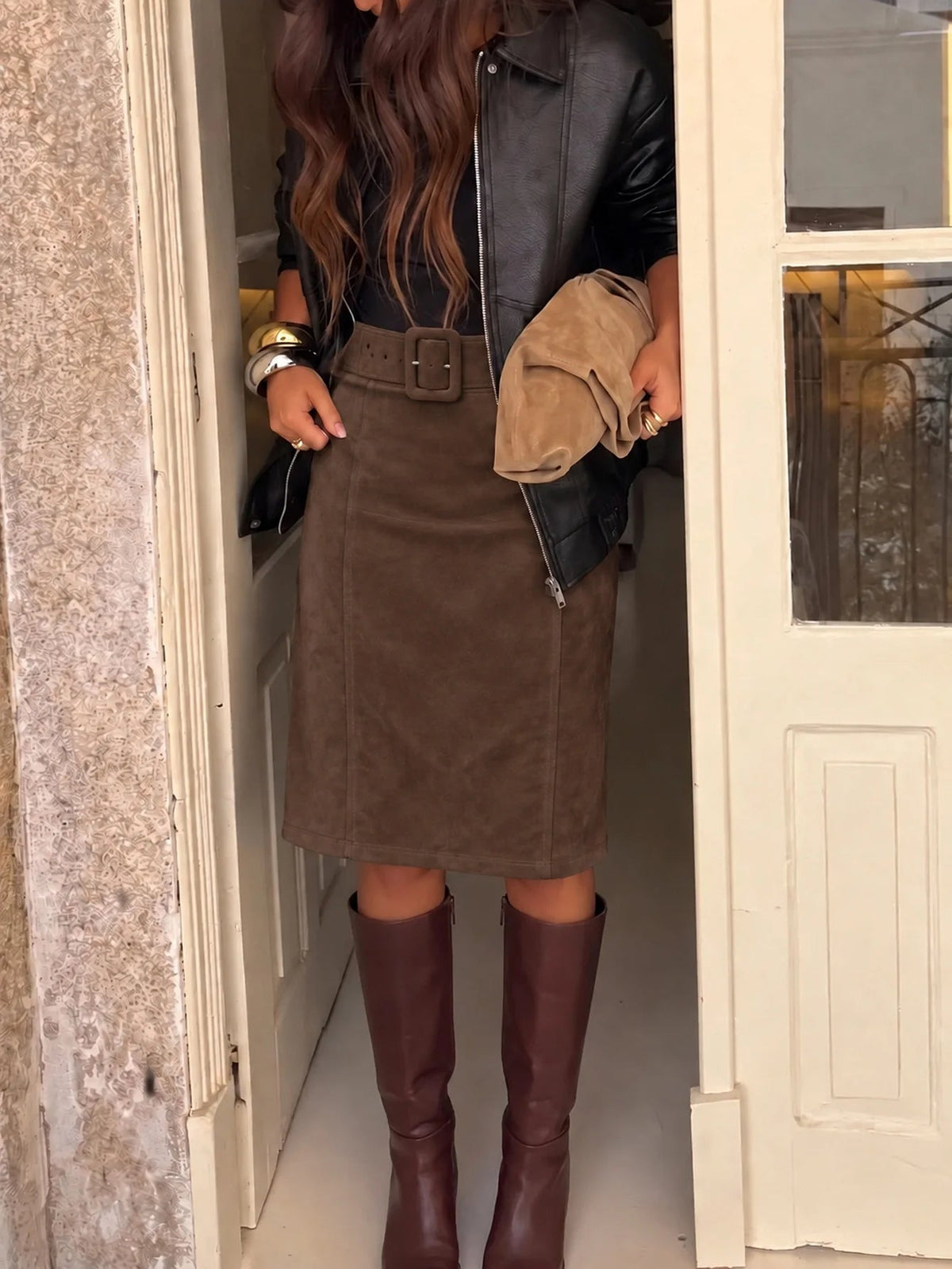 Banbury Belted Faux Suede Midi Skirt detail