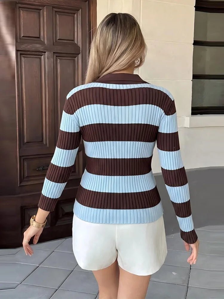 Diana Tricot Striped Polo Knit Pullover