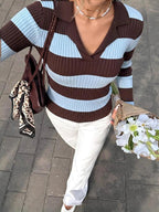 Diana Tricot Striped Polo Knit Pullover