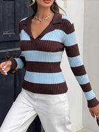 Diana Tricot Striped Polo Knit Pullover