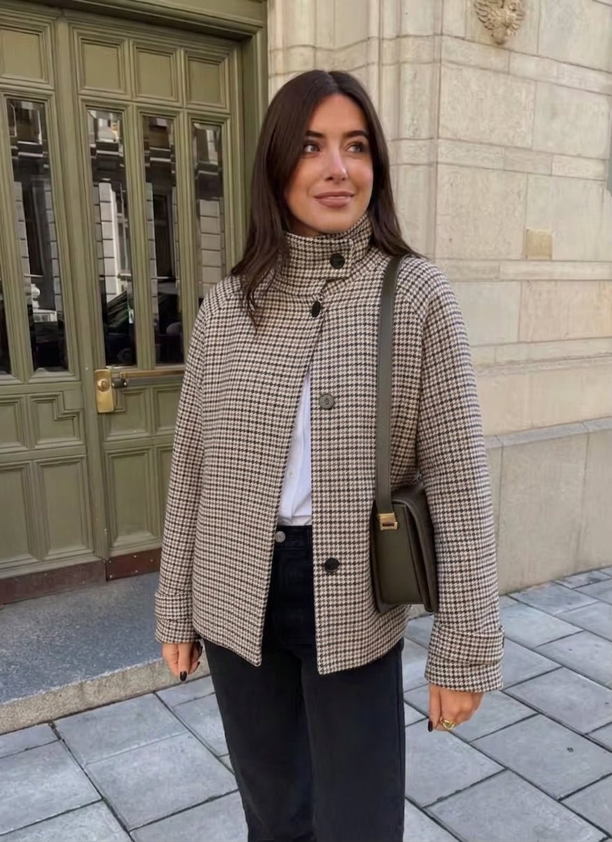 Ondine High-Collar Houndstooth Cropped Jacket