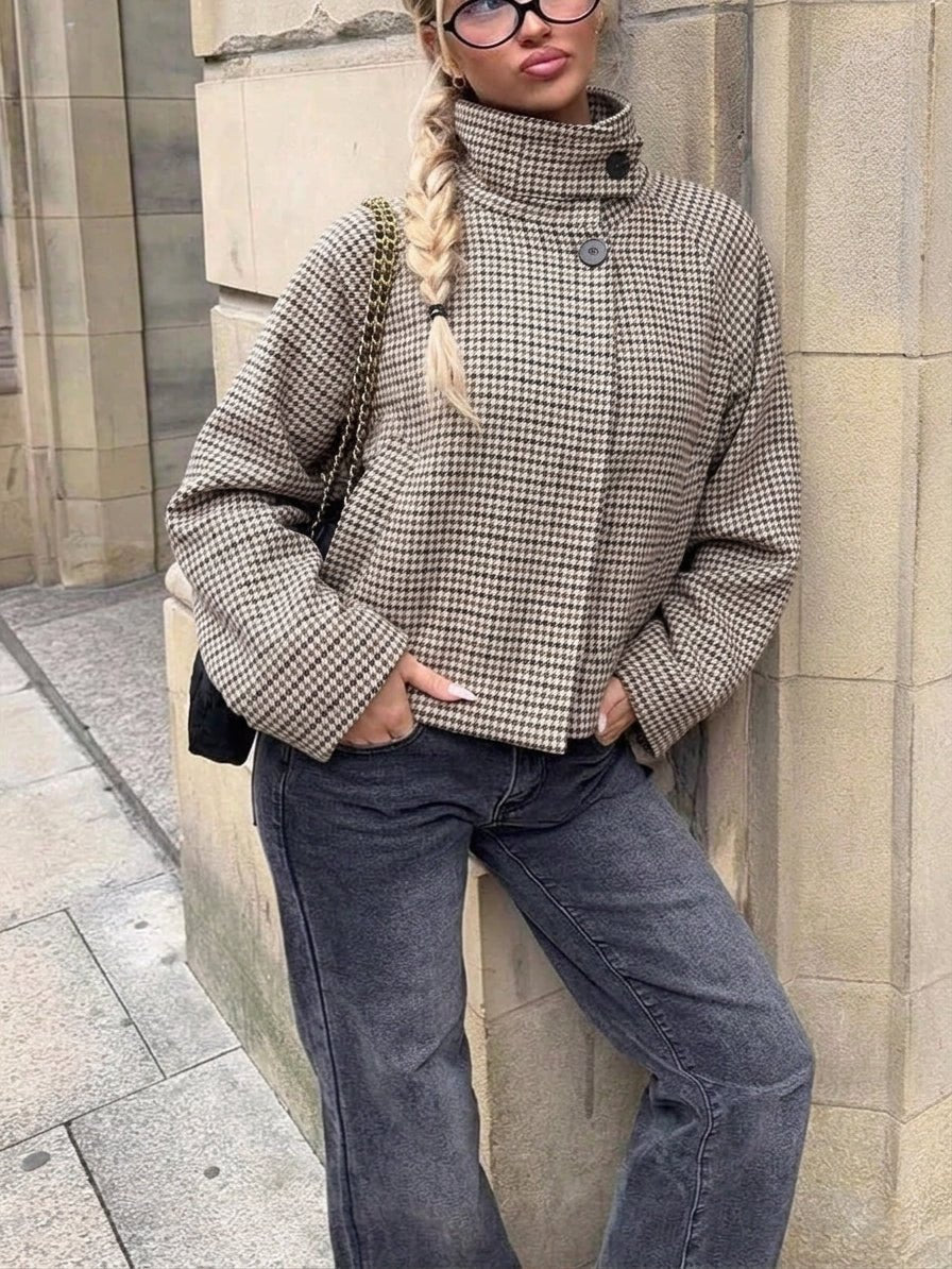 Ondine High-Collar Houndstooth Cropped Jacket