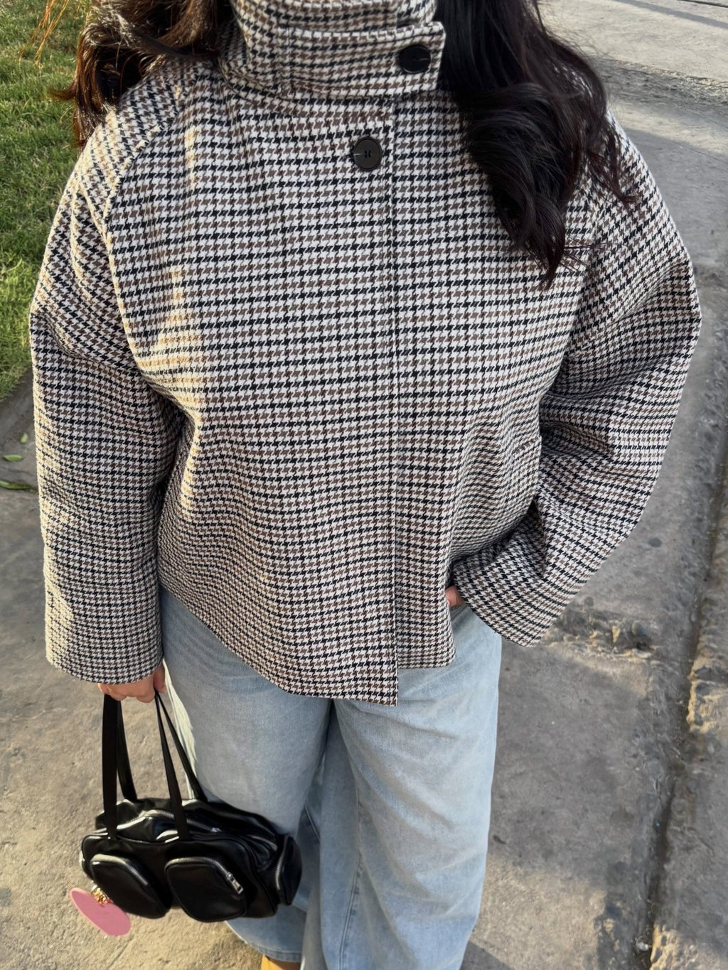 Ondine High-Collar Houndstooth Cropped Jacket